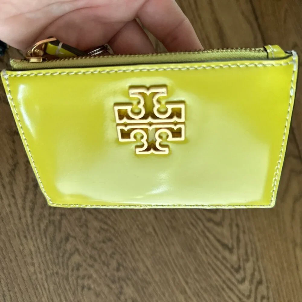 NWT! NEW! Tory Burch Britten Patent Top zip Card Case - Yellow Yuzu